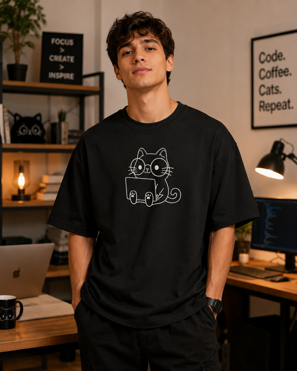 LE BANCHO Cute Cat Premium Embroidered Oversized T-Shirt for Men | 240 GSM Heavyweight Cotton | Black Minimal Streetwear Tee