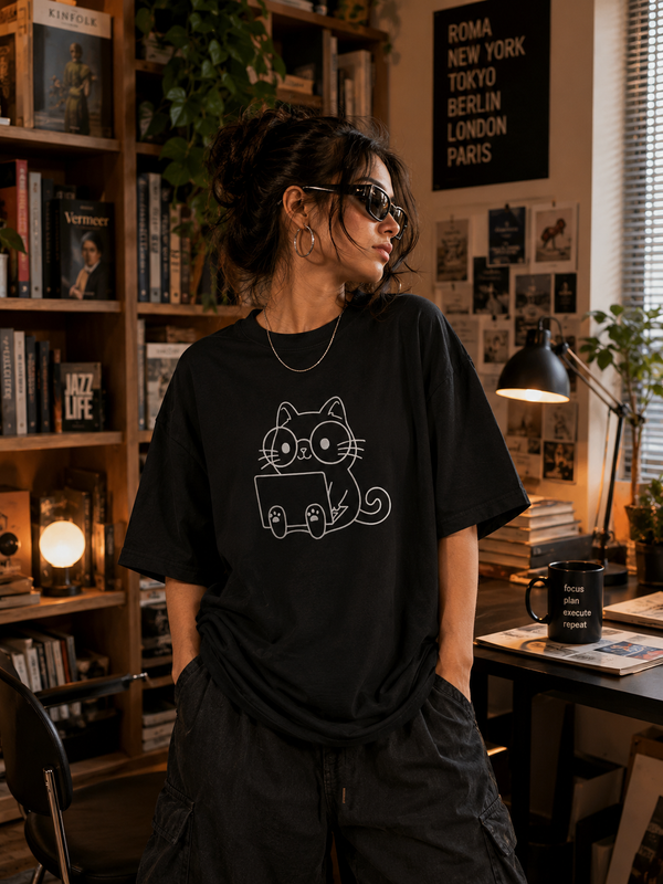 LE BANCHO Cute Cat Premium Embroidered Oversized T-Shirt for Women | 240 GSM Heavyweight Cotton | Black Minimal Streetwear Tee