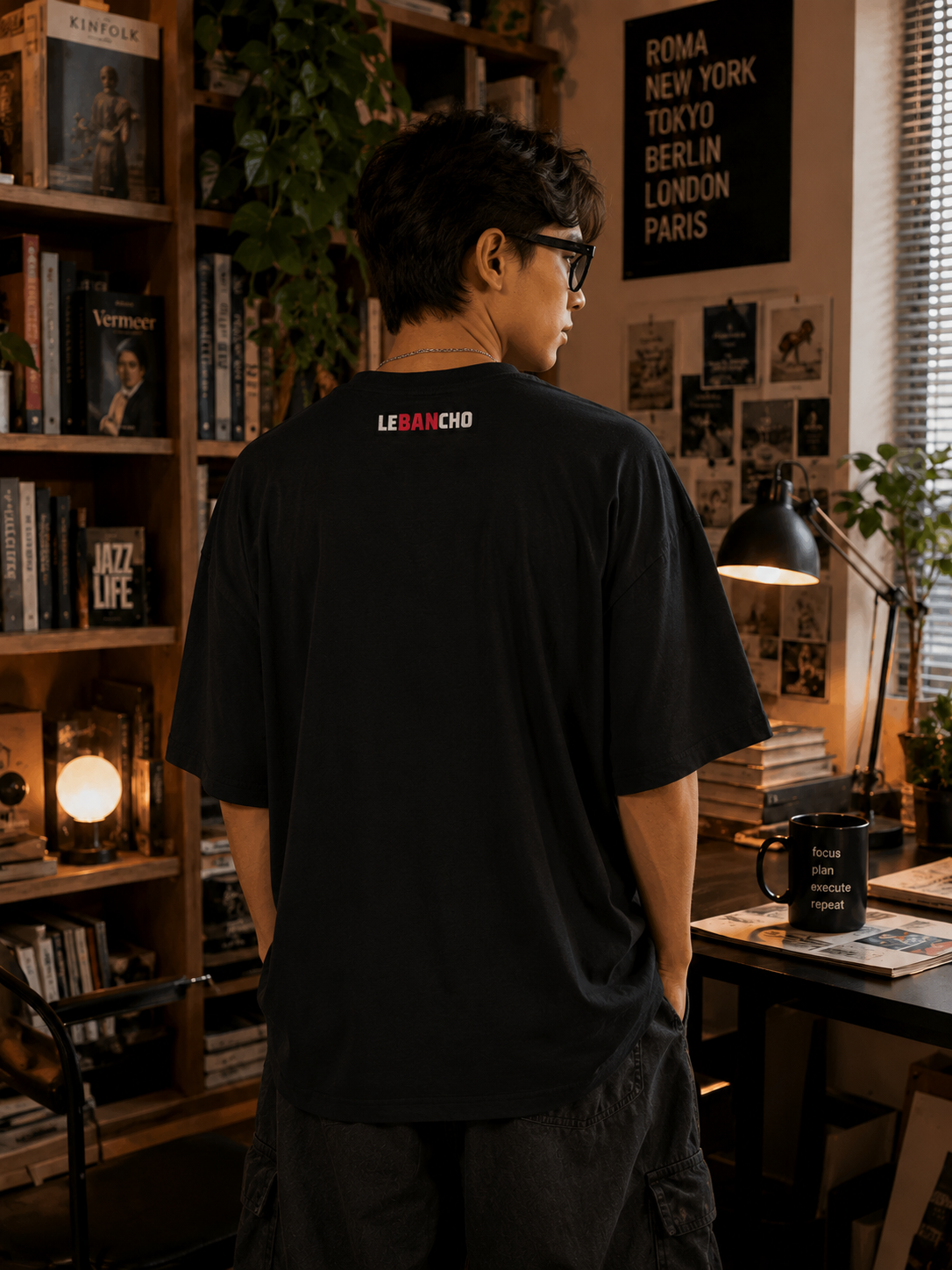 LE BANCHO Cute Cat Premium Embroidered Oversized T-Shirt for Men | 240 GSM Heavyweight Cotton | Black Minimal Streetwear Tee