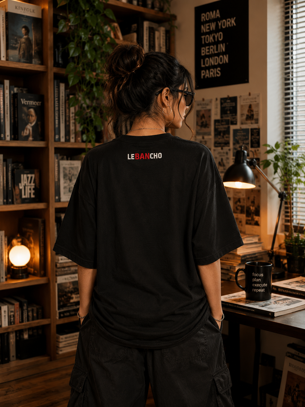 LE BANCHO Cute Cat Premium Embroidered Oversized T-Shirt for Women | 240 GSM Heavyweight Cotton | Black Minimal Streetwear Tee