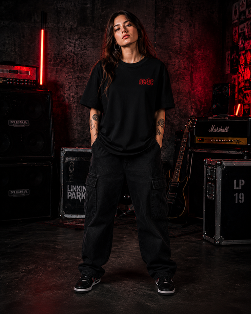 AC/DC Powerage Premium Oversized Embroidered Band T-Shirt for Women | 240 GSM 100% Cotton