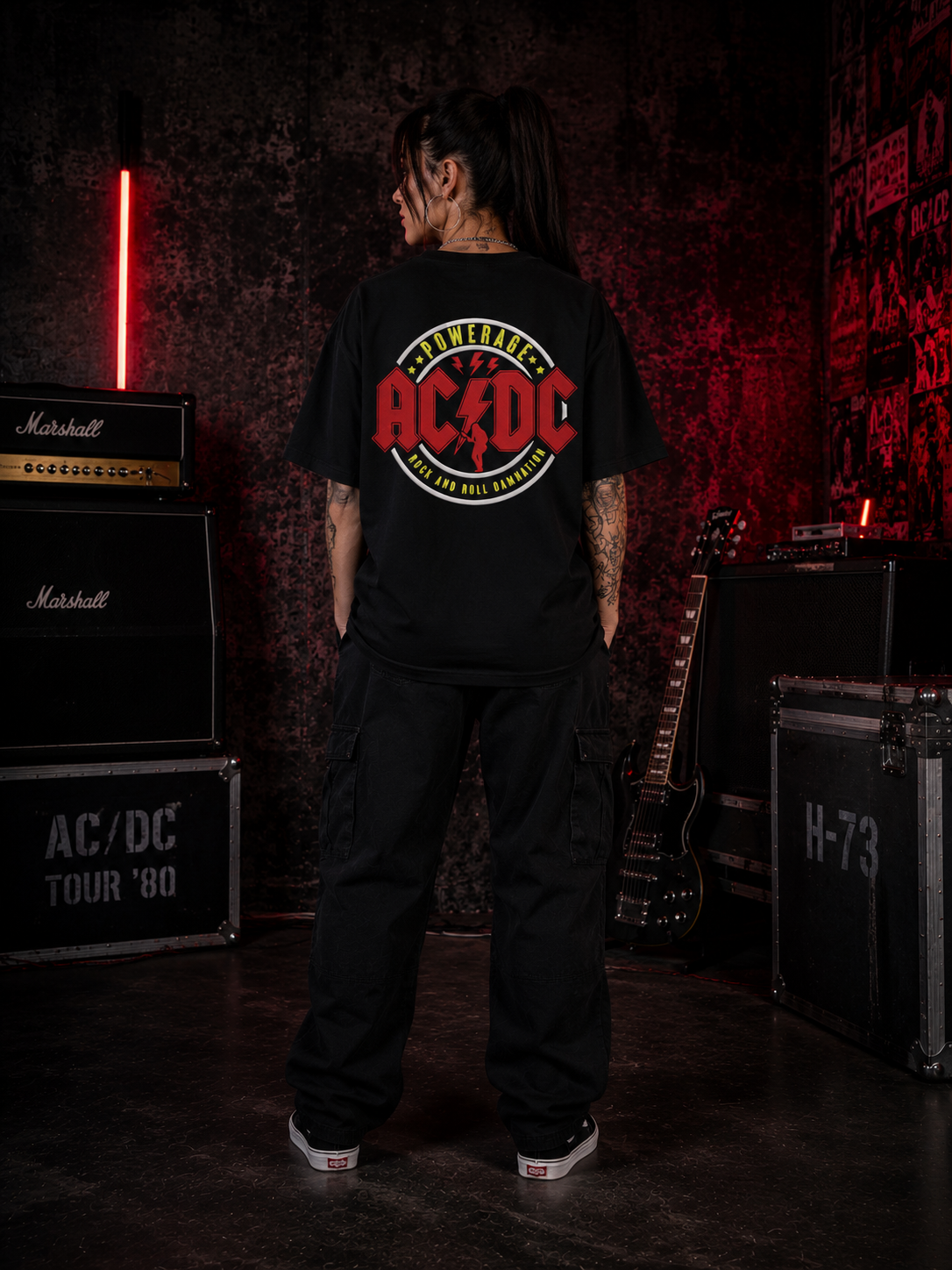 AC/DC Powerage Premium Oversized Embroidered Band T-Shirt for Women | 240 GSM 100% Cotton
