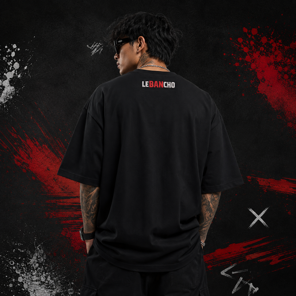 LE BANCHO Streetwear Embroidered Oversized T-Shirt for Men | Premium 240 GSM Cotton | Relaxed Fit | Black