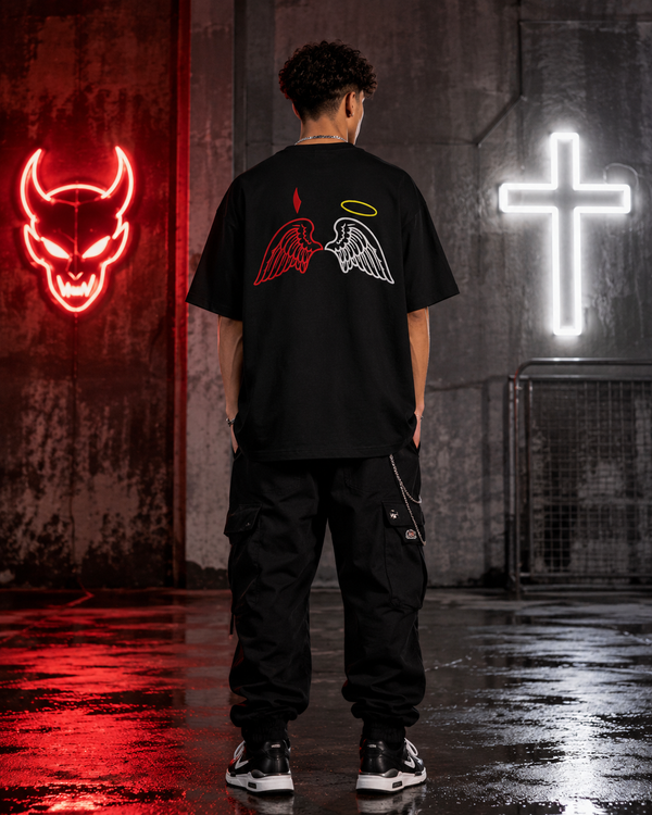 LE BANCHO Angel & Devil Wings Premium Embroidered Oversized T-Shirt for Men | 240 GSM Heavyweight Cotton | Black Streetwear Tee