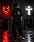 LE BANCHO Angel & Devil Wings Premium Embroidered Oversized T-Shirt for Women | 240 GSM Heavyweight Cotton | Black Streetwear Tee