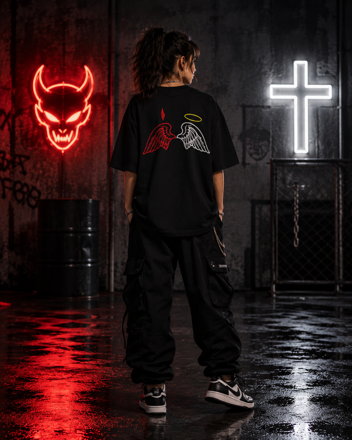 LE BANCHO Angel & Devil Wings Premium Embroidered Oversized T-Shirt for Women | 240 GSM Heavyweight Cotton | Black Streetwear Tee