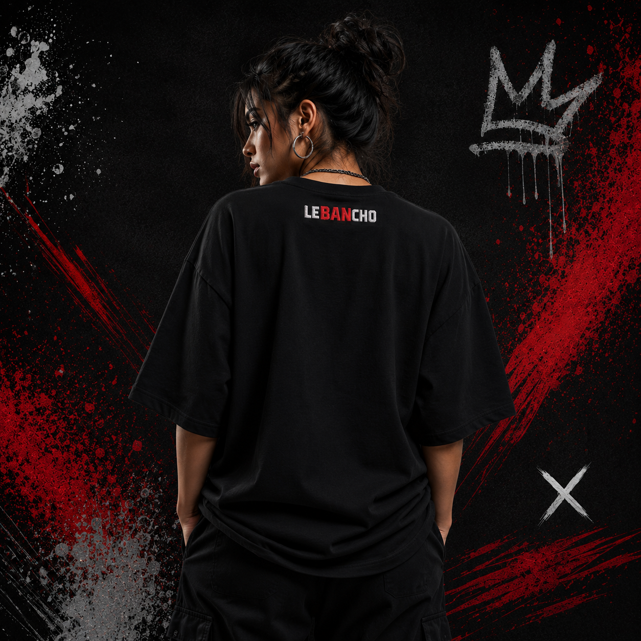 LE BANCHO Women's Funny Graphic Embroidered Oversized T-Shirt | Black