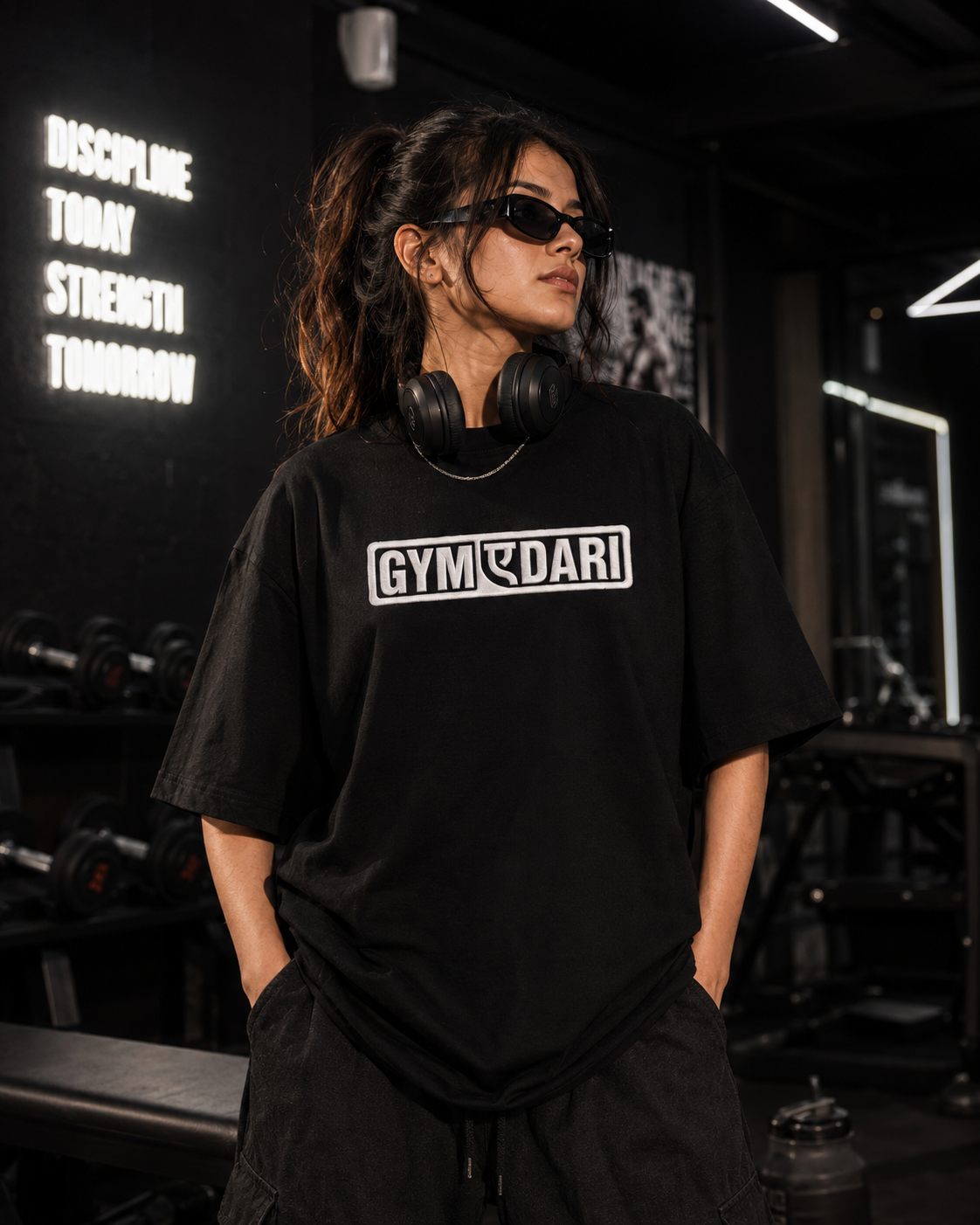 LE BANCHO Gymdari Premium Embroidered Oversized T-Shirt for Women | 240 GSM Heavyweight Cotton | Black Gym Streetwear Tee