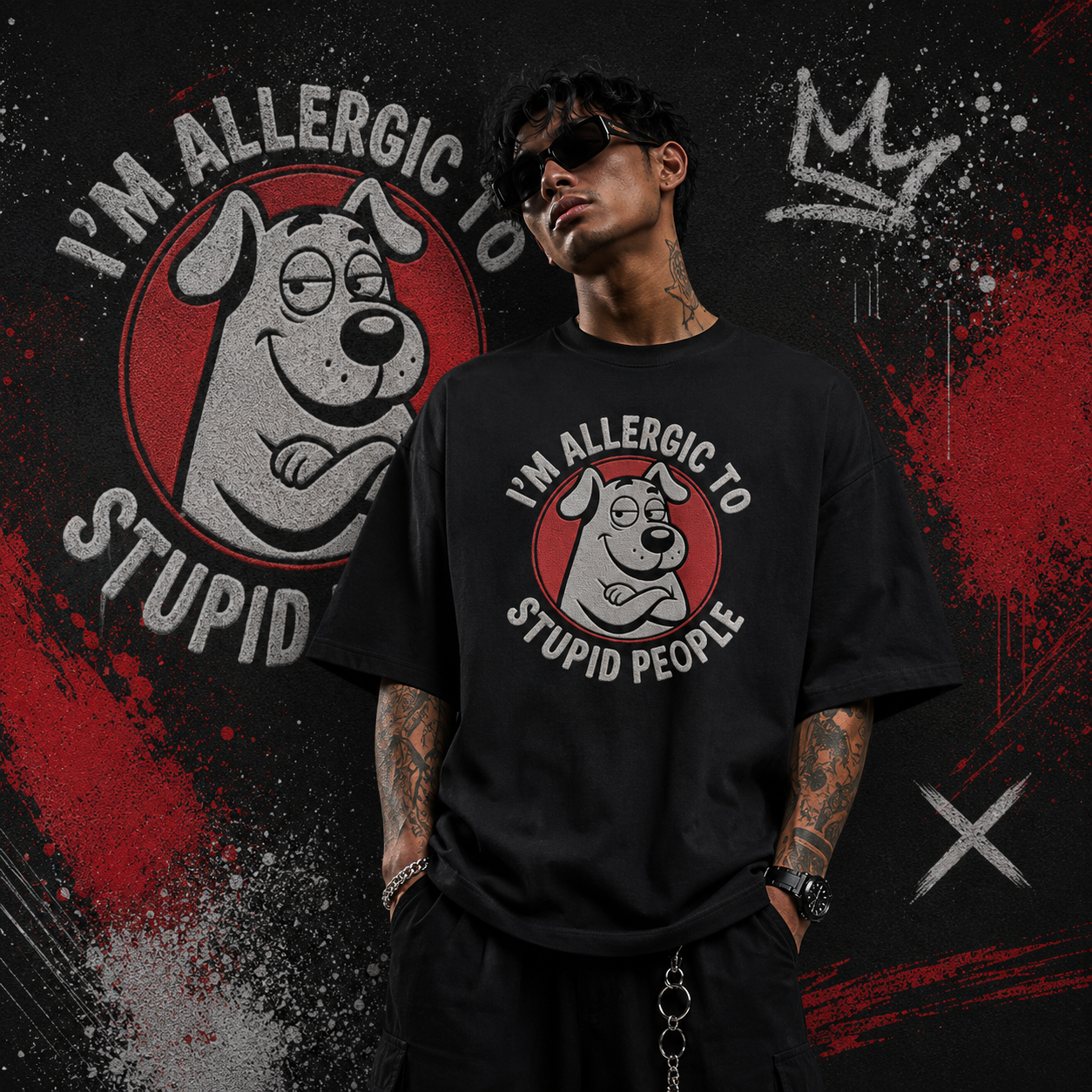 LE BANCHO Men's Funny Graphic Embroidered Oversized T-Shirt | Black