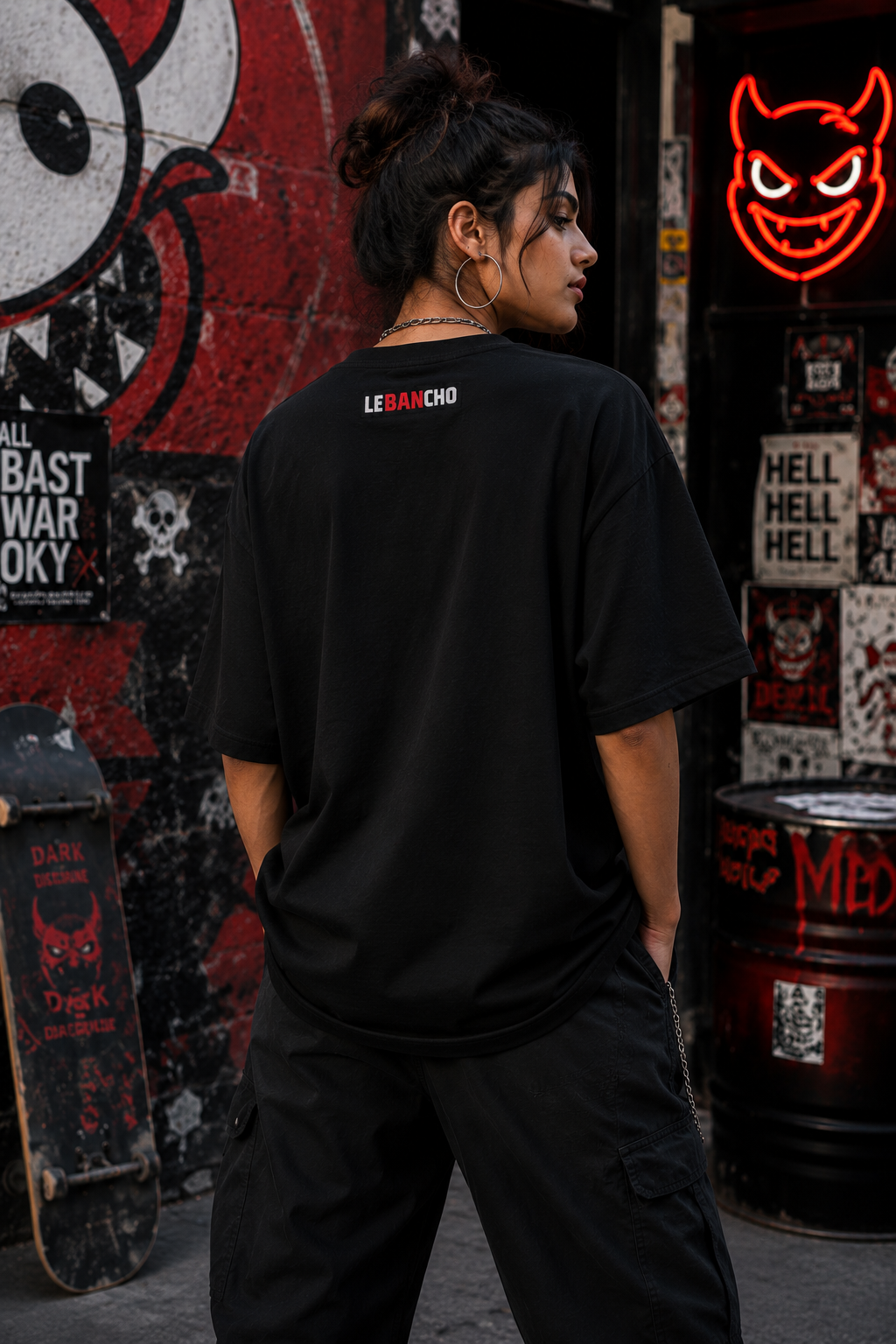 Small Devil Premium Embroidered Oversized T-Shirt for Women | 240 GSM Heavyweight Cotton | Black Streetwear Tee