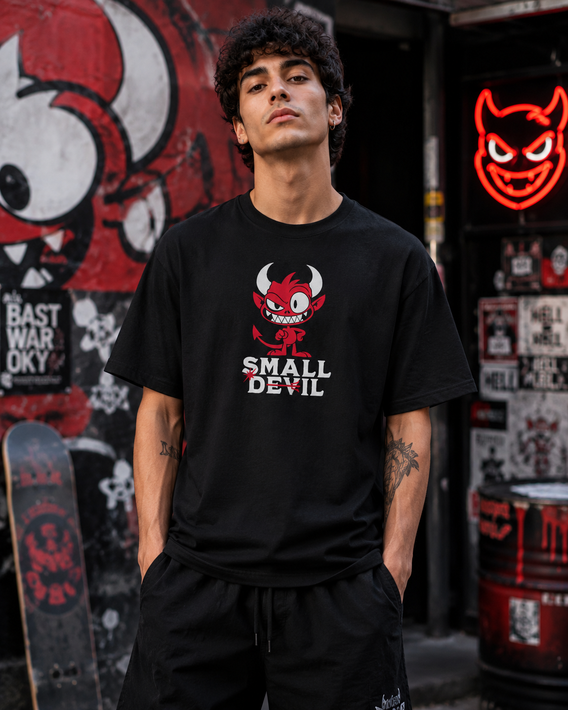 Small Devil Premium Embroidered Oversized T-Shirt for Men | 240 GSM Heavyweight Cotton | Black Streetwear Tee