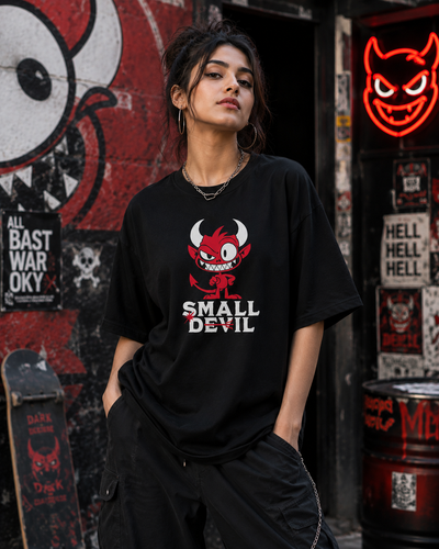 Small Devil Premium Embroidered Oversized T-Shirt for Women | 240 GSM Heavyweight Cotton | Black Streetwear Tee